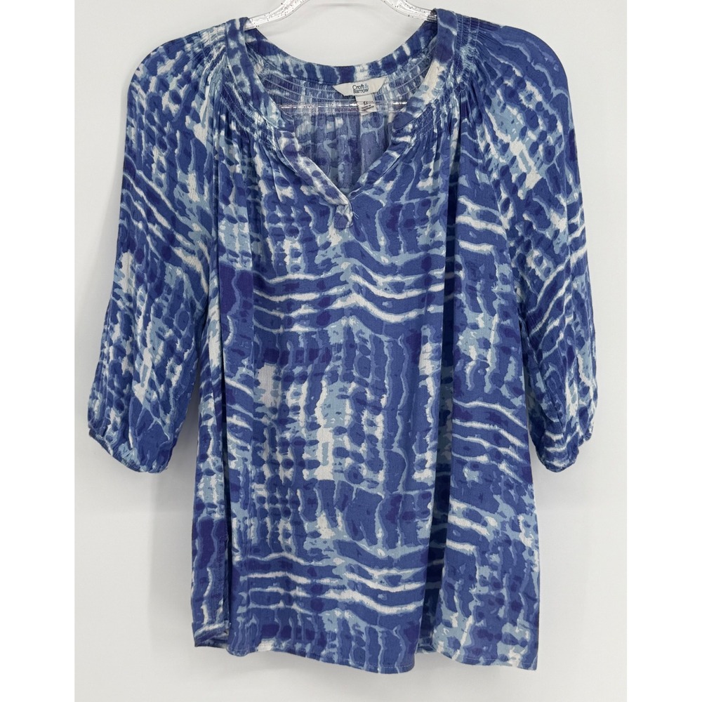 Croft & Barrow Womens Blue White Abstract Ikat Smocked 3/4 Sleeve Blouse‎ Sz XS